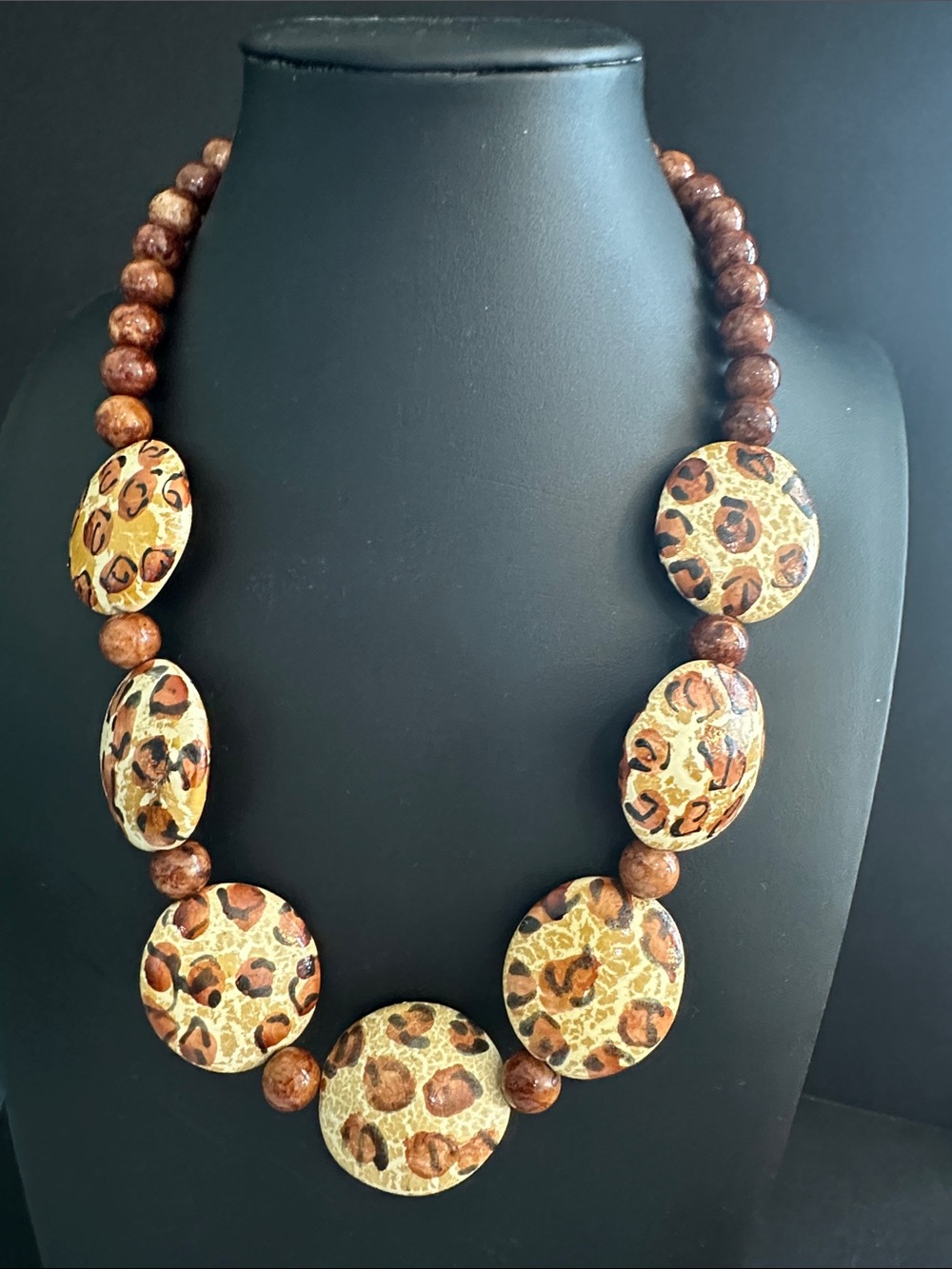 Leopard Print Beaded Statement Necklace - Brown & Cream